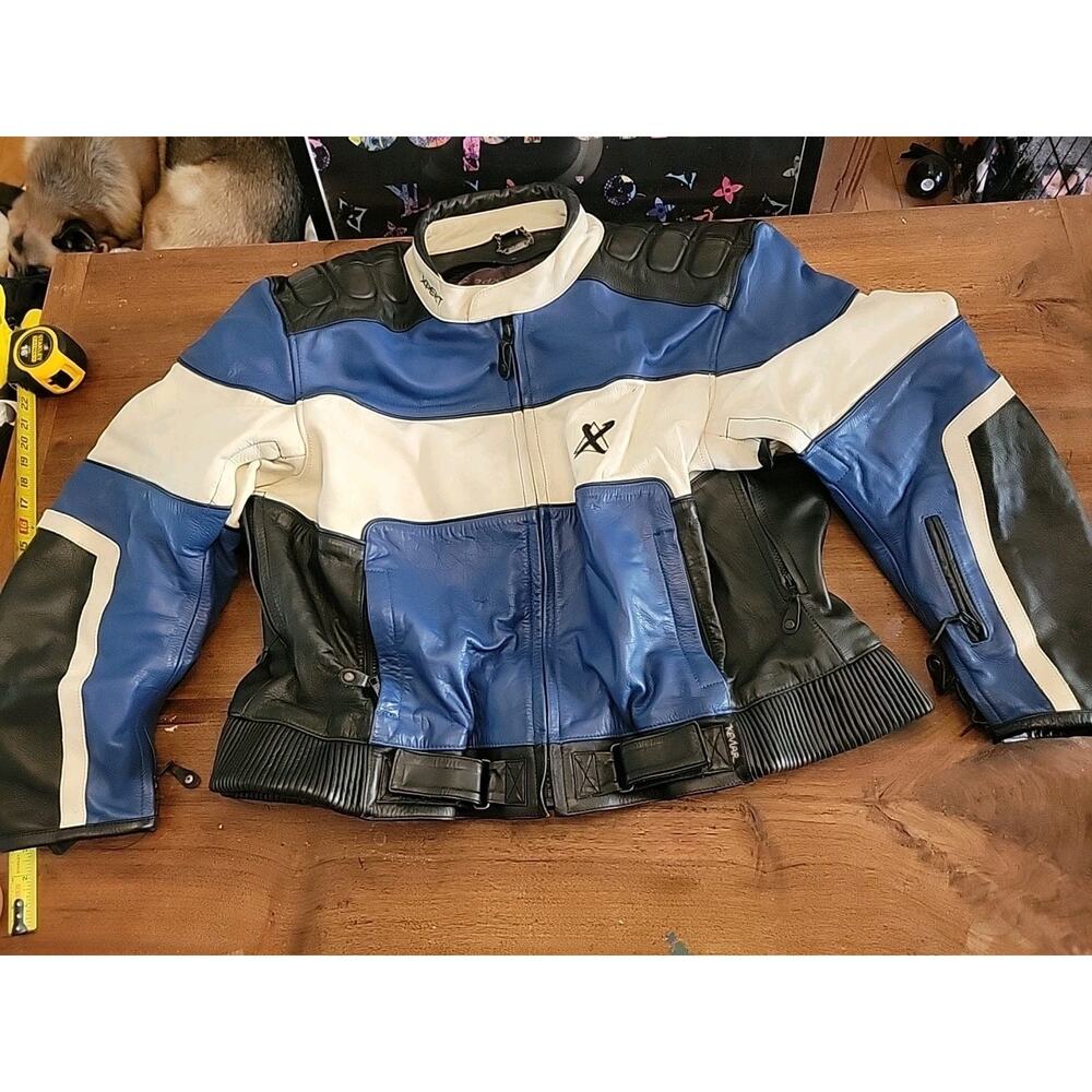 XPERT Leather Motorcycle Jacket Blue /Black/White Color US MEN'S SIZE 54h